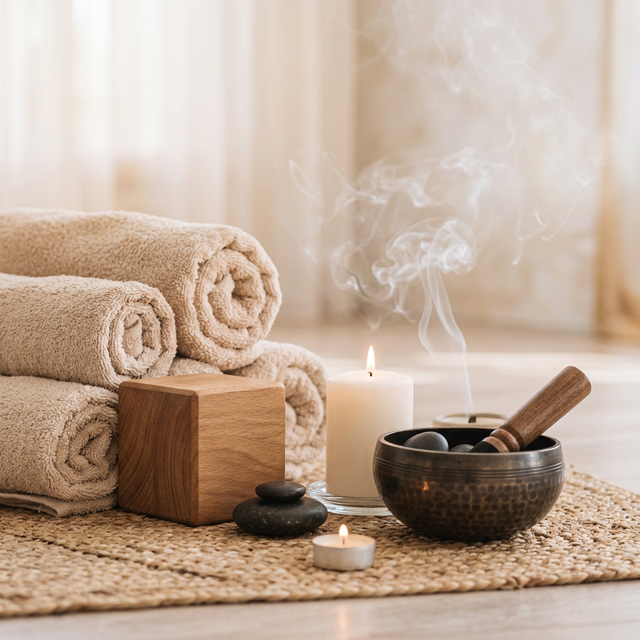 Yoga props and candles creating a serene atmosphere